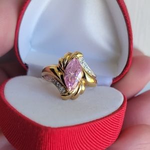 Vtg gold 18kt hge pink rose quartz cubic zirconia marquise cut art deco ring 7